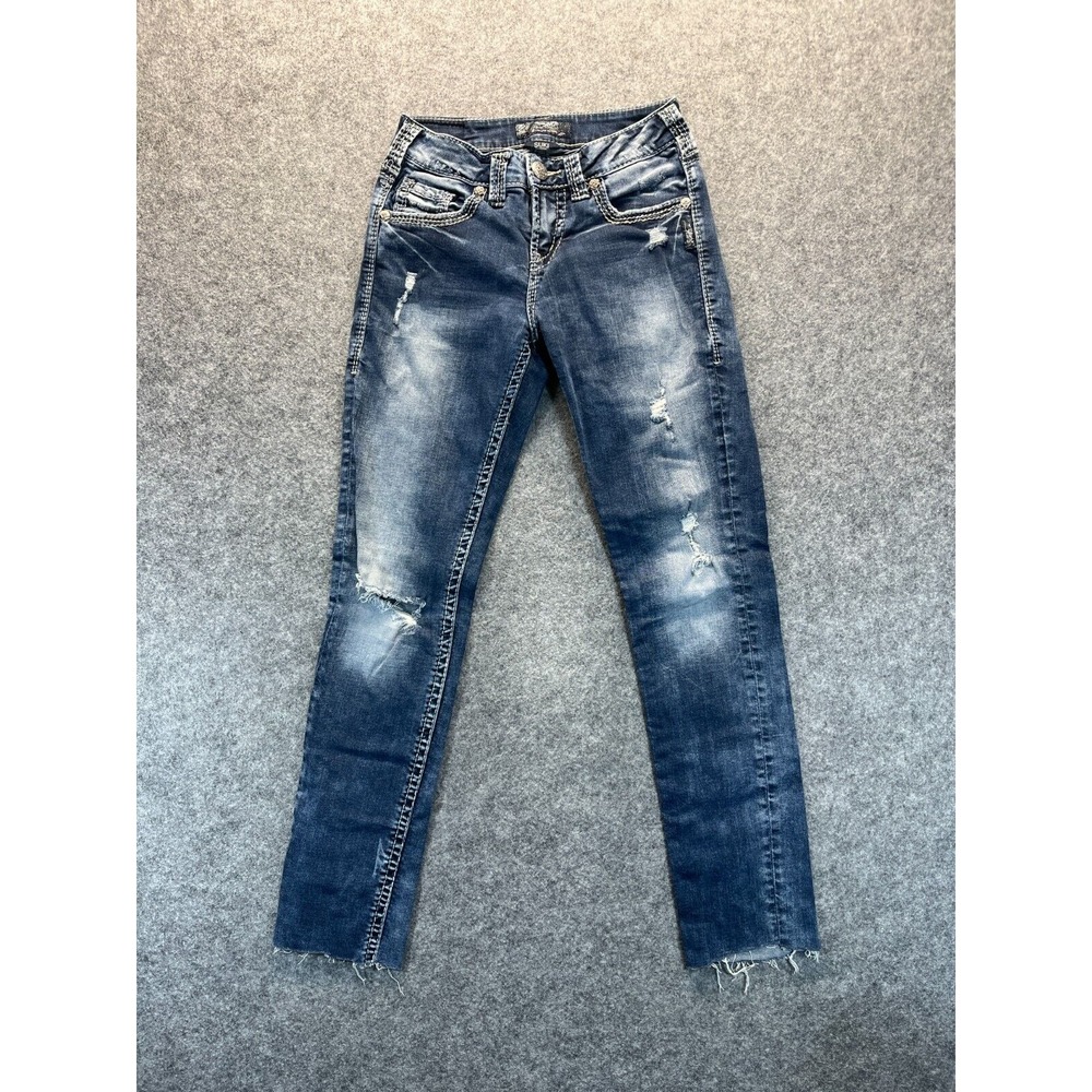 Silver Jeans Women's Size 26x31 Suki Midrise‎ Skinny Distressed Blue Denim Pants